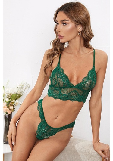 Kadın Yeşil Çapraz Sırt Detaylı Şık Bralet Takım Çok Renkli