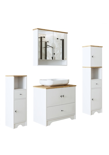 Oval Lavabolu Mdf 80 Cm Çekmeceli Banyo Dolabı Atlantik Çam - Beyaz