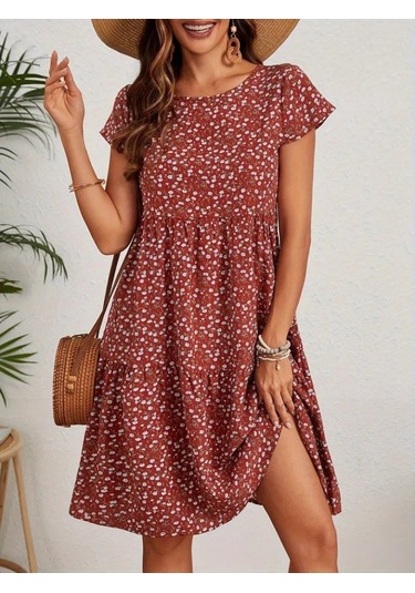 Kadın Kısa Kollu Bisiklet Yaka Çiçek Desenli Süprem Elbise Bordo