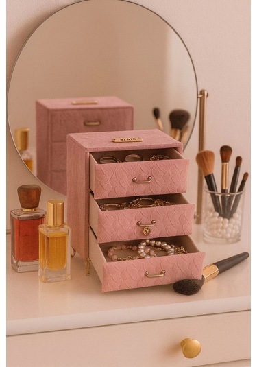 Dekoratif 3 Çekmeceli Kadife Takı Bijuteri Mücevher Kutusu Organizer Düzenleyici Pembe