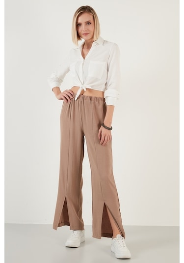 Lela Elastik Bel Bantlı Yırtmaçlı Rahat Kesim Bayan Pantolon 6057038 Vizon