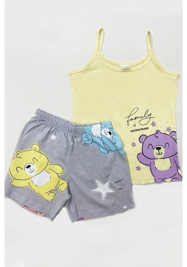Kız Çocuk Şortlu Pijama Takımı Askılı Ayıcık Baskılı A13 Pembe