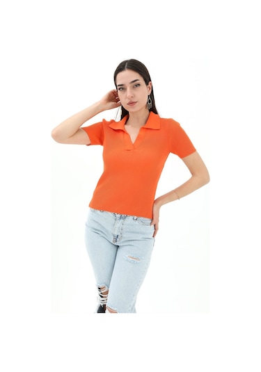Polo Yakalı Kısa Kol Triko Kazak - Turuncu - Kadın Turuncu