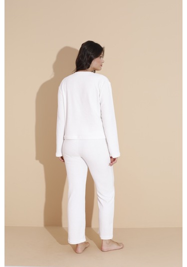 Mr 9010 Havlu Kumaş Ayıcık Nakışlı Kışlık Kadın Eşofman Pijama Takımı Beyaz