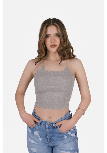 Simala Kadın Şeffaf Askılı Gri Kaşkorse Yazlık Şık Body Crop Gri