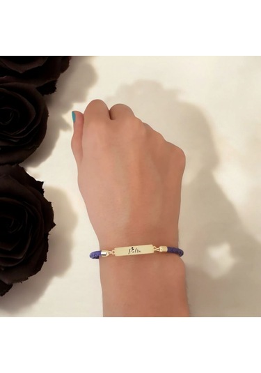 Archin Pelin İsmine Özel Dikdörtgen Motifli Mor Derili 14 Ayar Altın Plakalı Hediye Bileklik-412isim Pelin