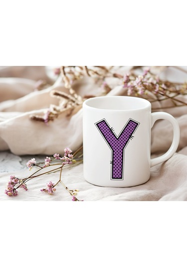 Y Harfi Mor Puantiyeli Kupa Bardak - Polka Dot Tasarım Kahve Çay Bardak - Kişiye Özel Hediyelik Beyaz