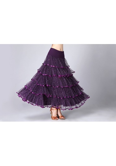 Sones Pullu Salıncak Modern Dans Uzun Etek Yarışma Kostümü Mor