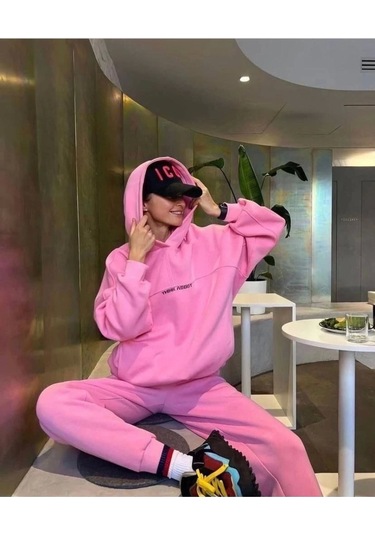Reka Moda Nakış İşlemeli Üç İplik Sweat Takım- Pembe Pembe