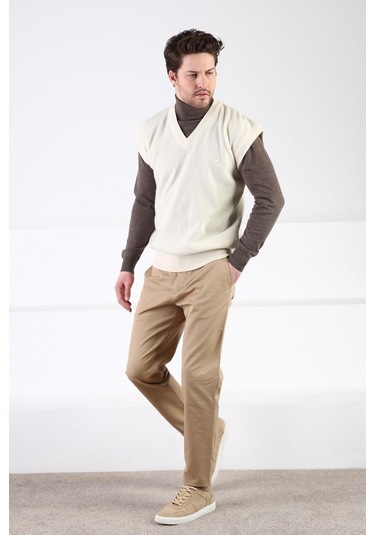 Ferraro Ekru V Yaka %100 Kuzu Yünü Erkek Süveter