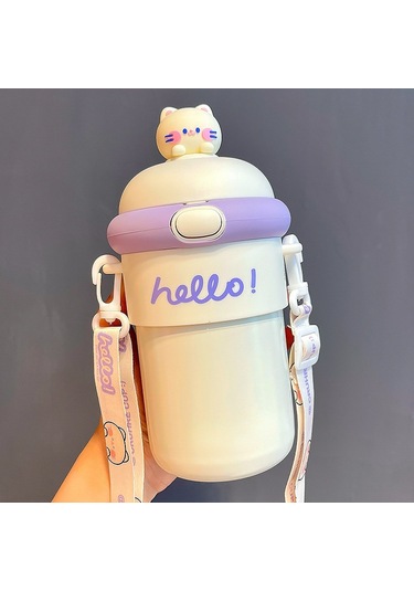 Velvettides Paslanmaz Çelik Termos Bardak Portatif Öğrenci Çapraz Boy Süper Sevimli Bardak Beyaz