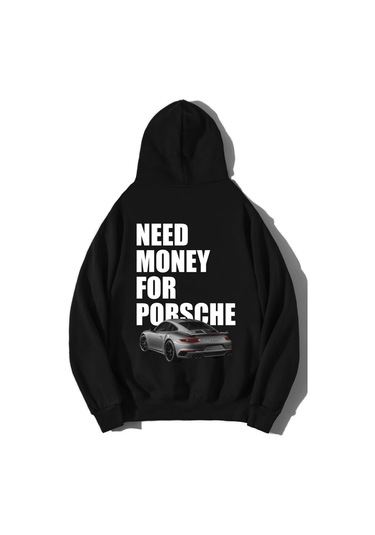Brz Collection Unisex Oversize Need Money For Porsche Hoodie Siyah