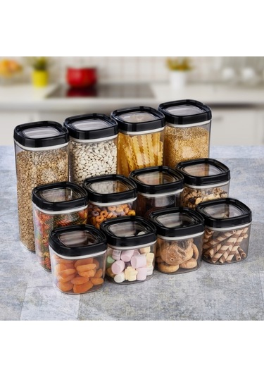 Ceronni Bonny Erzak Saklama Kabı 12li Set 1,8 Lt 1 Lt 600 Ml Siyah Siyah