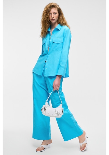 RIGO Kadın Gömlek Yaka Uzun Kol Regular Uzun İnce Mavi Gömlek