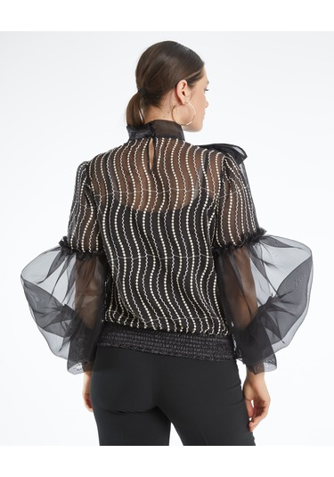 Desenli Transparan Kadın Bluz - Fiyonk Detaylı - Balon Kollu - Modern Ve Şık Tasarım - Özel Gün Ve Davet İçin Bluz Siyah