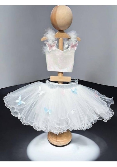 Kız Çocuk Kelebek Desenli Pullu Croplu Tütü Etekli Takım-15462 Beyaz