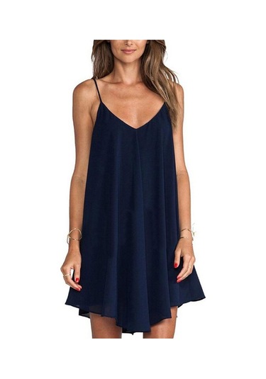 Lacivert Bayan Moda Kolsuz Kısa Şifon Mini Elbise Büyüleyici Akşam Parti Bayan Yaz Yeni Rahat Lacivert