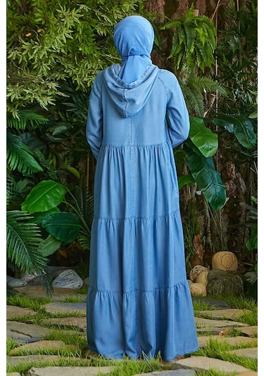 Neways 6531-Kapüşonlu Reglan Kollu Elbise Mavi