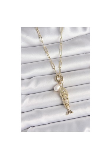 İnci Detaylı Zirkon Taşlı Balık Figürlü Gold Renk Pirinç Kolye Çok Renkli