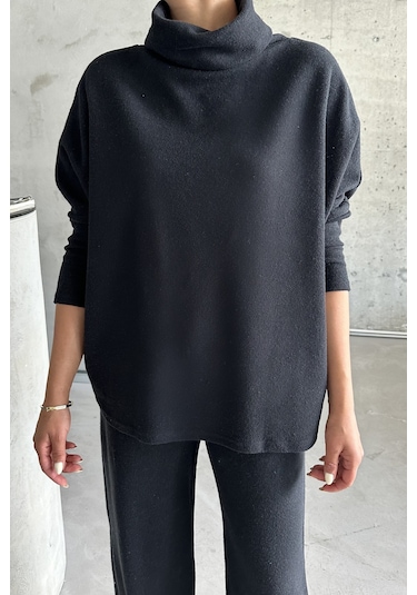 Modagen Kadın Selanik Kumaş Balıkçı Yaka Alt Üst Takım Siyah