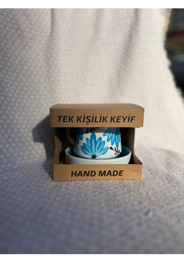 El Yapımı Seramik Kupa, Mug, Türk Kahvesi Bardağı Mavi Çiçek