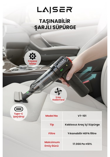 Laiser Mini, Katlanabilir Led Ekranlı 17.000 Pa 3ın1 Çekme-vakum-üfleme Özellikli Şarjlı Araç Süpürgesi Siyah