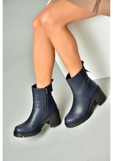 Fox Shoes R654006503 Lacivert Hakiki Deri Kalın Topuklu Kadın Bot Lacivert