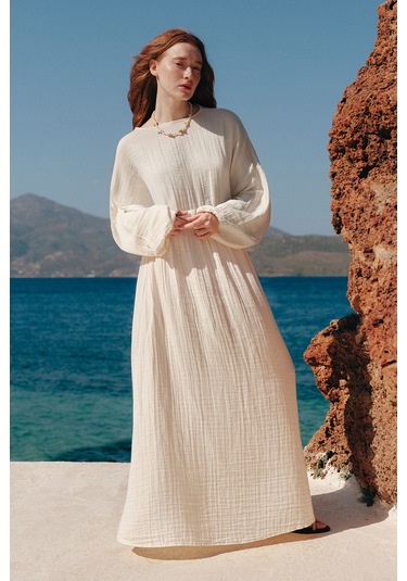 Müslin Beli Büzgülü Elbise Ekru Ekru