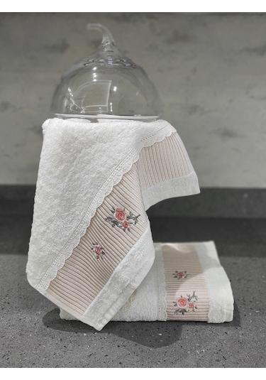 %100 Pamuk & Nakışlı Havlu Takımı - 2'li Dantelli Havlu Seti - 40x60 Cm Somon Somon