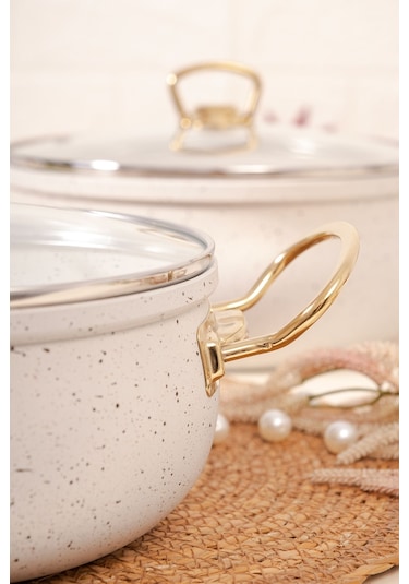 Çarşıdayız 9 Parça Gold Demir Kulp Beyaz Granit Tencere Seti 24 Cm Beyaz