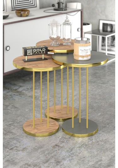 Orta Sehpa Ve Zigon Sehpa Terra Set Gold Antrasit Ceviz