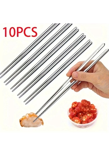 Sunshine011 Silvery 10 Adet Paslanmaz Çelik Yeniden Kullanılabilir Yemek Çubukları Seti Gümüşi