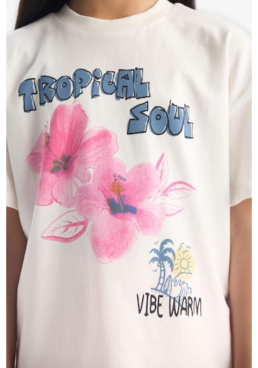 DeFacto Kız Çocuk 2'li Takım Baskılı Kısa Kollu Tişört Biker Tayt E4757A825SMER140