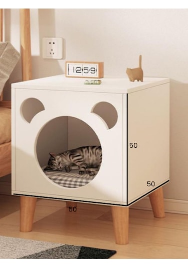 Modern Kedi Evi & Komodin - Kedi Başı Tasarımlı Ahşap Yan Sehpa
