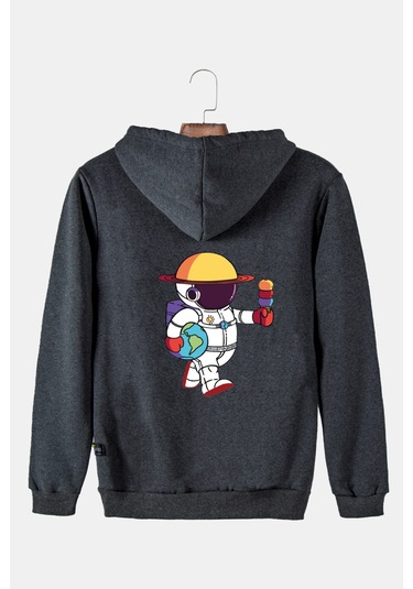 Unisex Füme Kapüşonlu Arkası Astronot Baskılı Slim Fit Kanguru Cepli Sweatshirt Füme