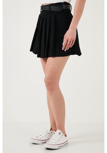 Lela Kemerli Pileli Regular Fit Yüksek Bel Bayan Şort Etek 5866292 Siyah