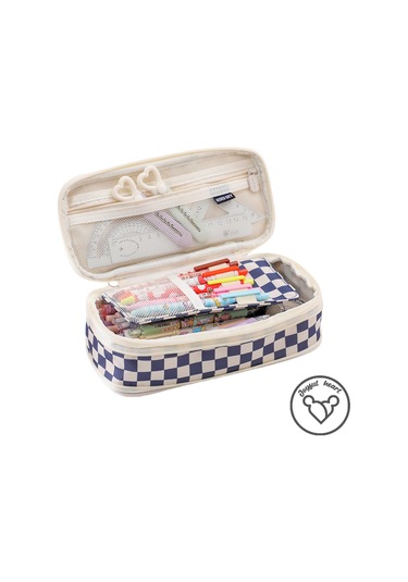 Kareli Kanvas Çift Fermuarlı Basit Büyük Kapasiteli Kalem Kutusu Koyu Mavi