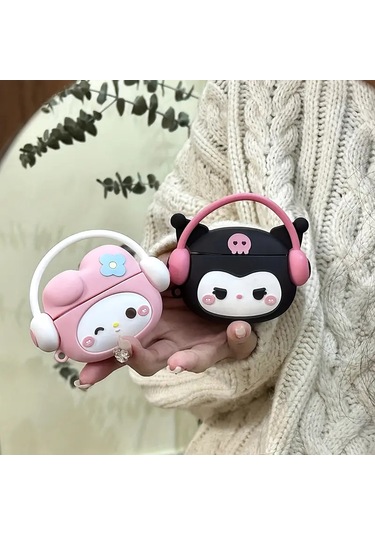 Samsung Galaxy Buds 3 / Galaxy Buds 3 Pro Uyumlu Figürlü Askılı Kılıf Siyah - Pembe