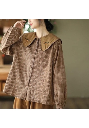 Novahub İlkbahar Retro İşlemeli Bebek Yaka Gömlek Kadın Mizaç Ekose Gömlek Uzun Kollu Ekose Üst Turuncu - M Turuncu