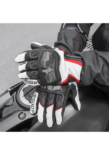 Fortunelane Motorcycle Tam Parmaklı Karbon Fiber Eldivenleri, Solunumlu, Dürtüye Dayanıklı, Dokunmatik Ekran Uyumlu - Kırmızı L