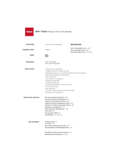 Teka RMF 77920 SS 648 LT No-Frost Gardırop Tipi Buzdolabı