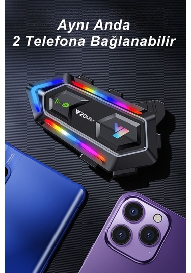 Y20 Max Rgb Işık Efektli İntercom Bluetooth Motosiklet Kask Kulaklığı İntercom Kulaklık
