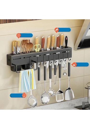Siyah Duvara Monte Mutfak Rafı Çok Fonksiyonlu Paslanmaz Çelik Pişirme Gereçler Depolama Rafı Çatal Bıçak Tutucu Sofra Organizatör With Rod-40cm