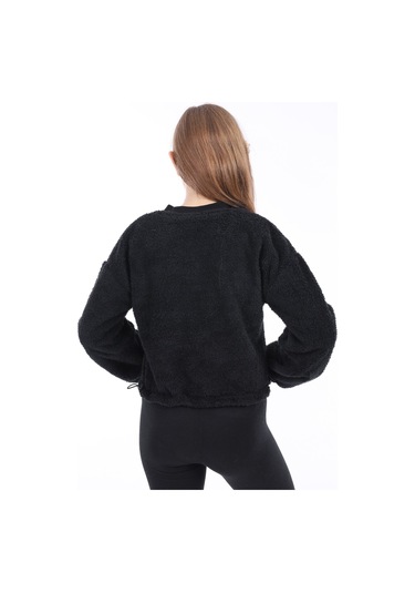 Toontoy Kız Çocuk Kolej Yaka Fermuarlı Düşük Omuz Baskılı Peluş Hırka - Beli Ayarlanabilir Lastikli Siyah
