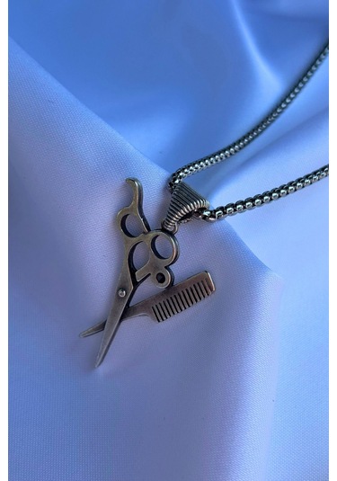 Tarak Makas El İşçiliği Paslanmaz Çelik Zincir Erkek Kolye Gümüş