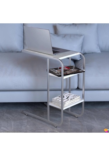 Modilayn C Yan Sehpa Dar Boy Tekerlekli Çalışma, Atıştırmalık, Yemek, Laptop Sehpası Çiçekli Beyaz Beyaz