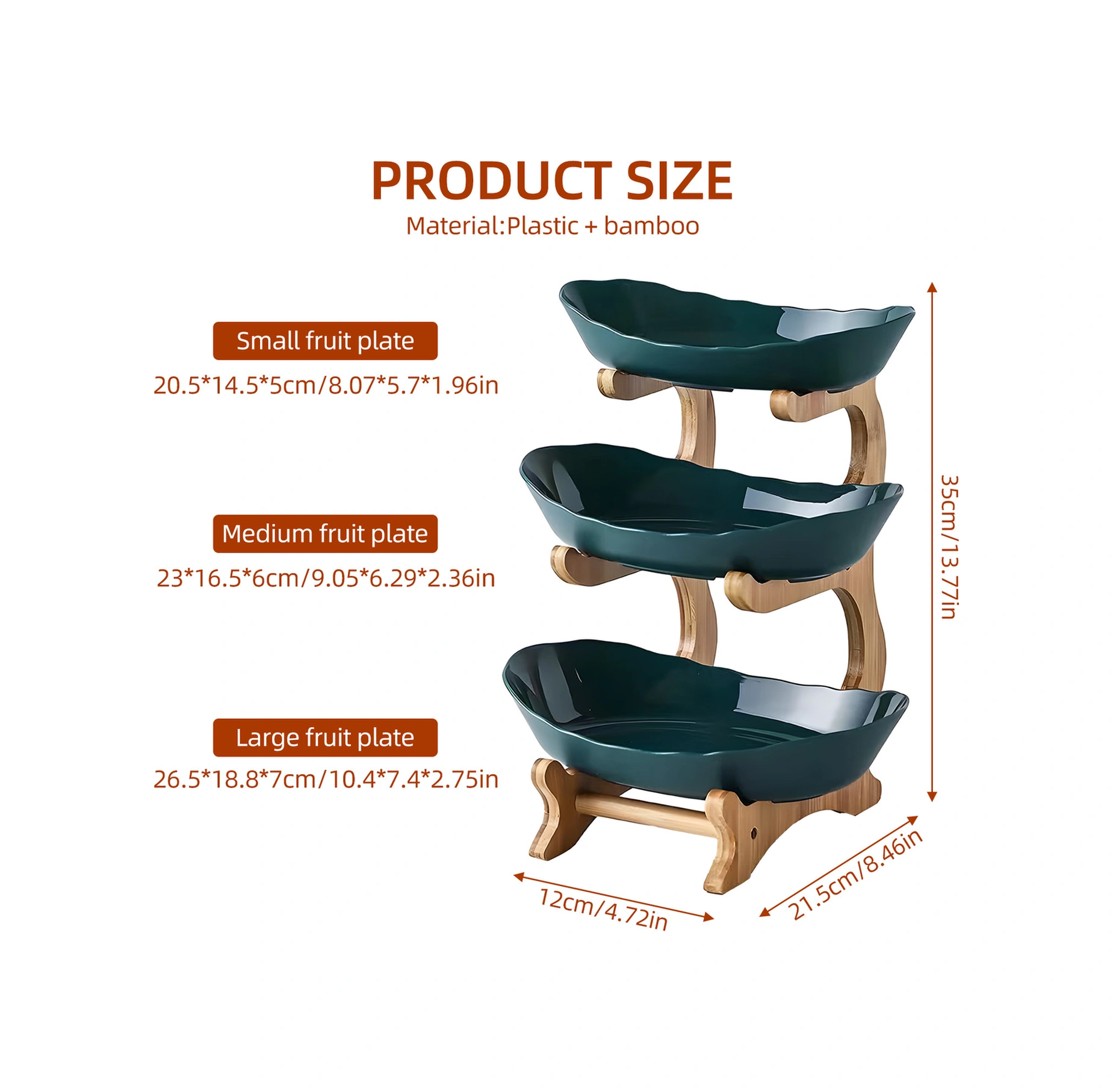 Geeksen Koyu Yeşil 3 Katlı Bambü Plastik Mutfak Sepeti - Meyve, Atıştırmalık, Tatlı Serim Panosu - Oturma Odası, Çay Masası Dekoratif Sunum Rafı Koyu Yeşil