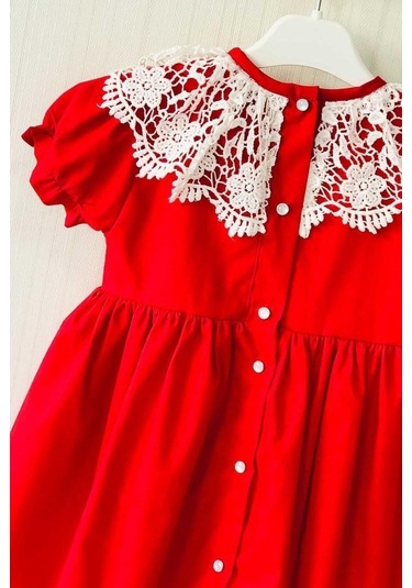 Dantel Yaka Poplin Kırmızı Kız Çocuk Bebek Elbise 001