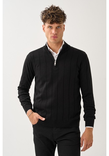 Dikey Dokuma Desenli Fermuarlı Triko Kazak Siyah