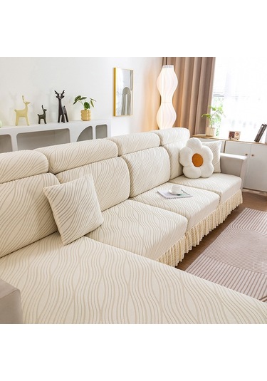 Örme Tembel Koltuk Kılıfı Ev Streç Koltuk Kaplama Kumaşı, Renk: Bej Etek Modeli Ekstra Büyük Üçlü Kişi Bej